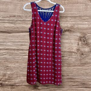 Luxology red sleeveless dress with blue crocheted back. Large.